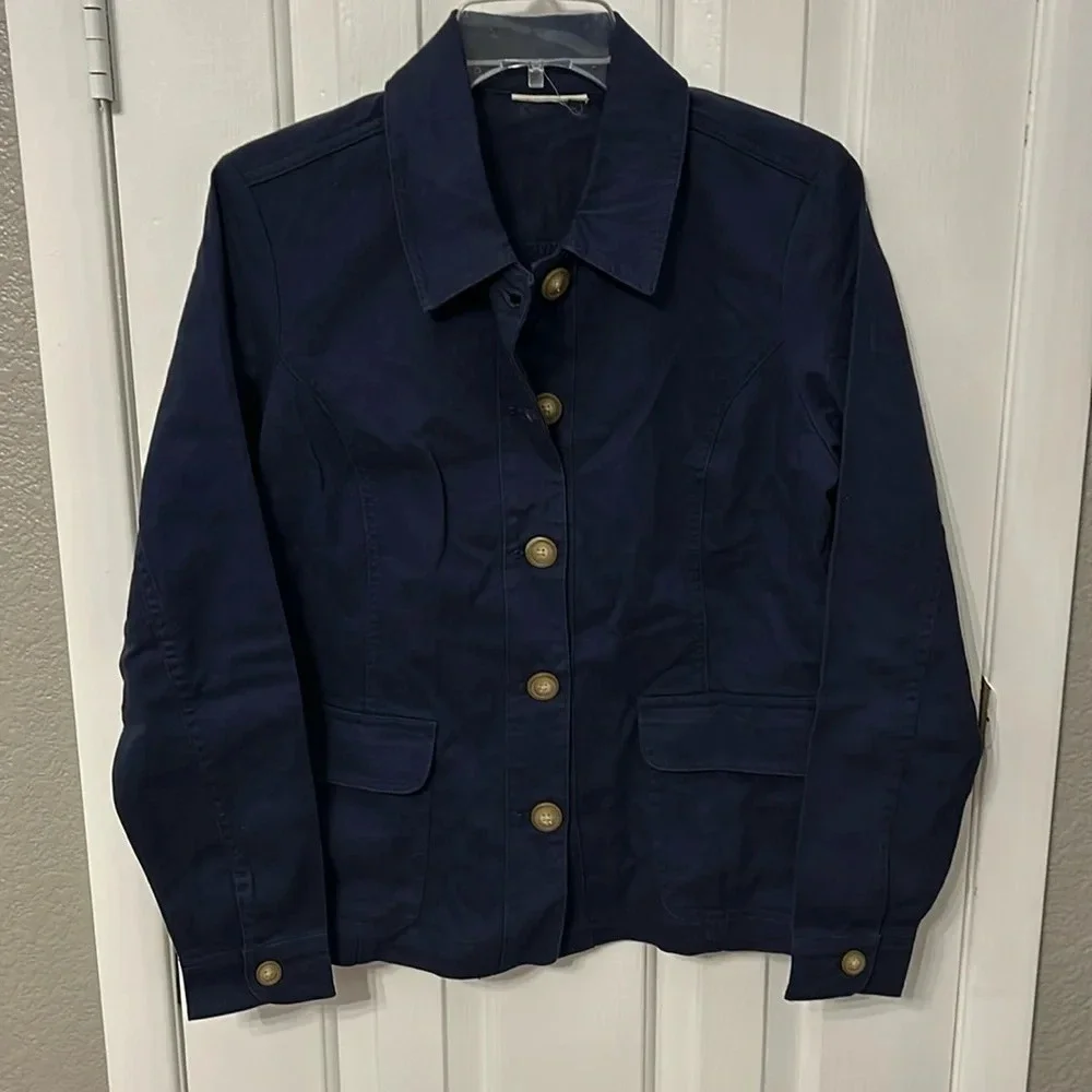 Appleseeds Women’s (S) Navy Blue Button Front Stretch Cotton Blend Jacket. - Picture 1 of 5